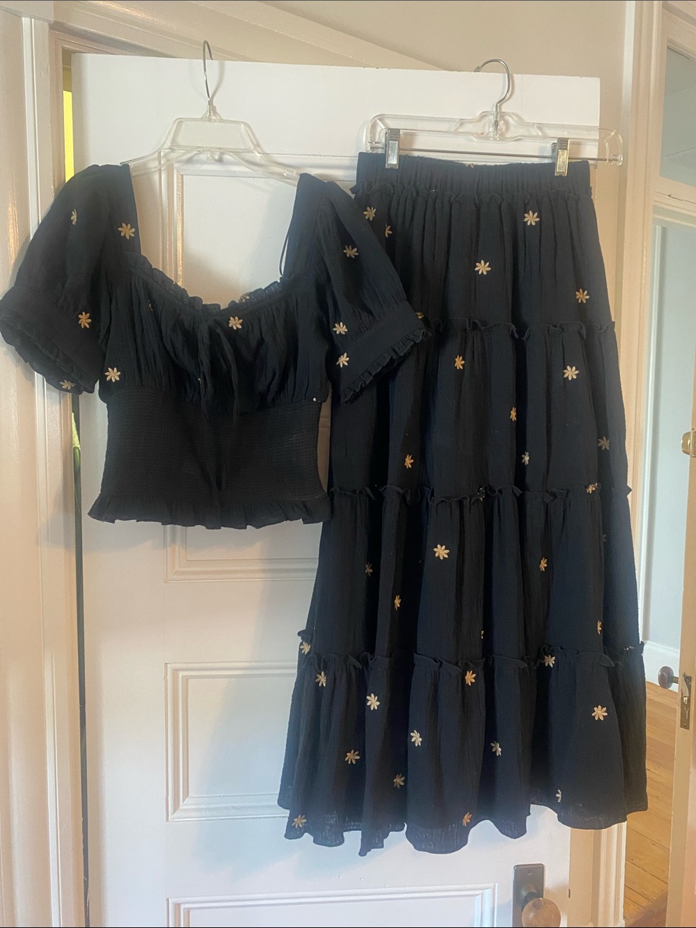 Black Tiered Maxi Skirt with Cream Floral Accents